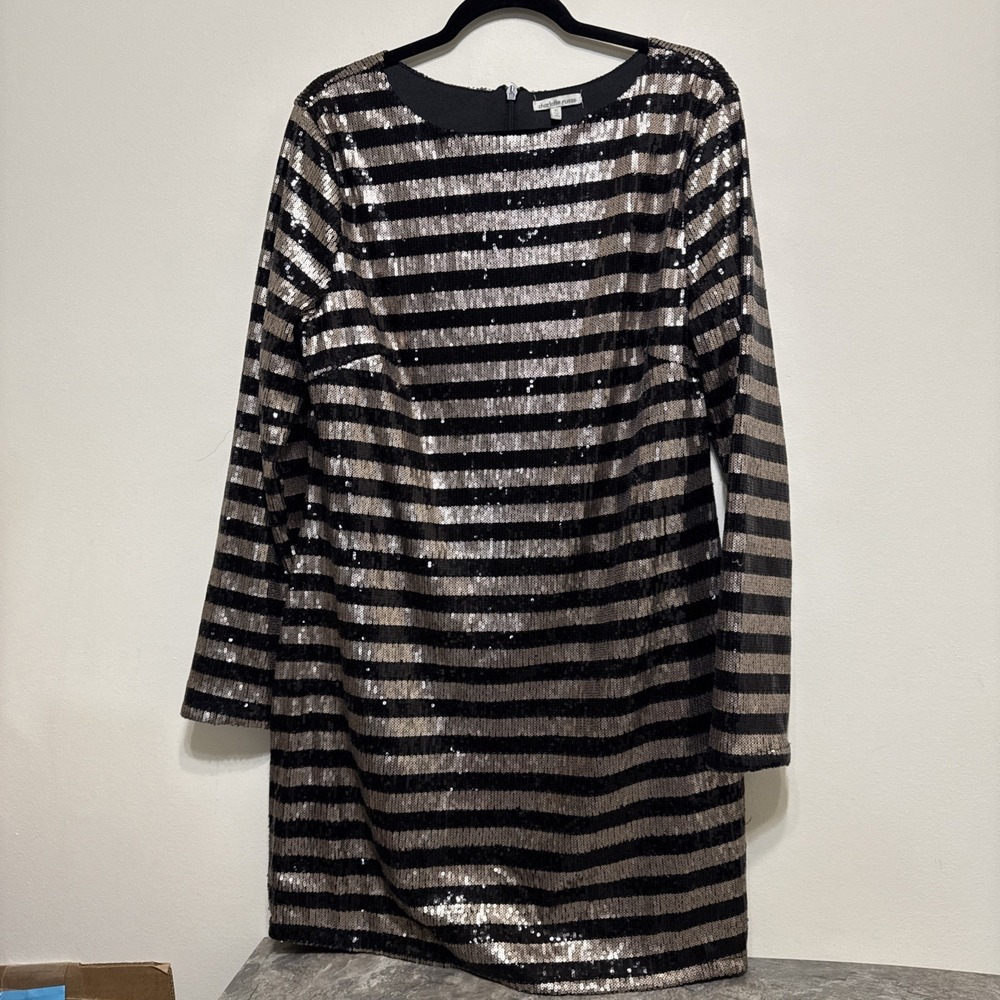 Charlotte Russe Dress Women's XL Sequin Glam Party Black Gold Long Sleeve EUC
